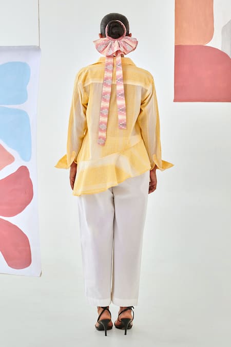 Moontara Yellow Check Asymmetric Shirt & White Pants 