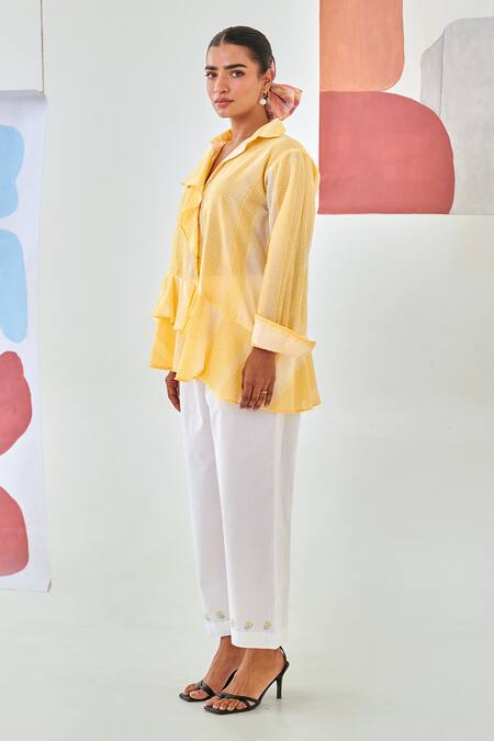 Shop_Moontara_Yellow Cotton Embroidery Collared Check Asymmetric Shirt And White Pants _Online_at_Aza_Fashions