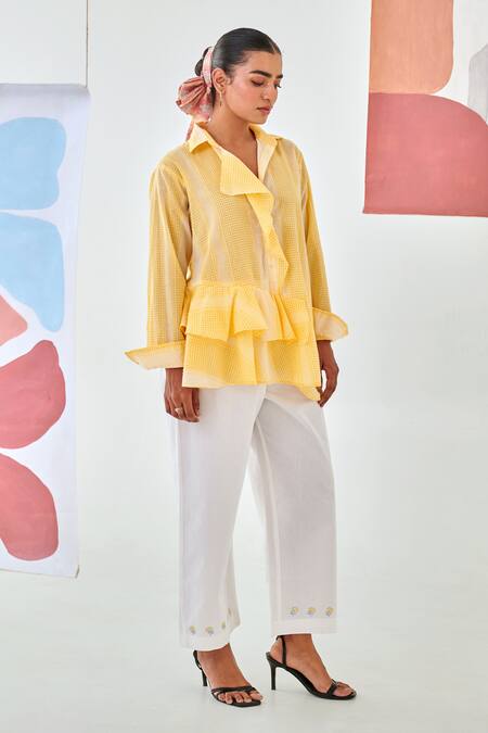 Moontara_Yellow Cotton Embroidery Collared Check Asymmetric Shirt And White Pants _at_Aza_Fashions