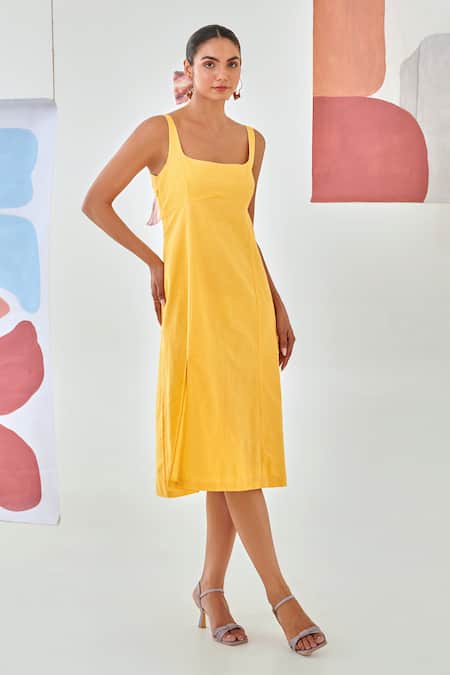 Moontara Yellow Cotton Square Neck Linen Sleeveless Dress