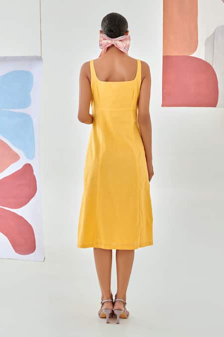 Moontara Yellow Linen Sleeveless A-Line Dress 