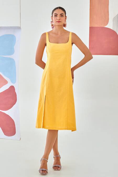 Buy_Moontara_Yellow Cotton Square Neck Linen Sleeveless Dress _Online_at_Aza_Fashions