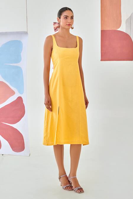 Shop_Moontara_Yellow Cotton Square Neck Linen Sleeveless Dress _Online_at_Aza_Fashions