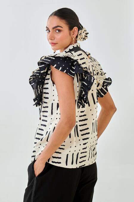 Shop_Moontara_White Cotton Patchwork V-neck Ruffled Jacket And Black Pants Set _Online_at_Aza_Fashions