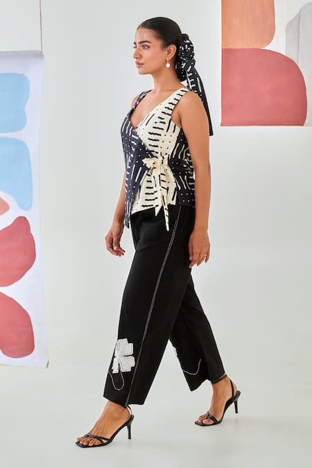 Moontara_Black Cotton Embroidery V-neck Printed Wrap Top And Floral Pants _Online_at_Aza_Fashions
