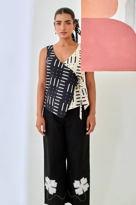 Shop_Moontara_Black Cotton Embroidery V-neck Printed Wrap Top And Floral Pants _Online_at_Aza_Fashions