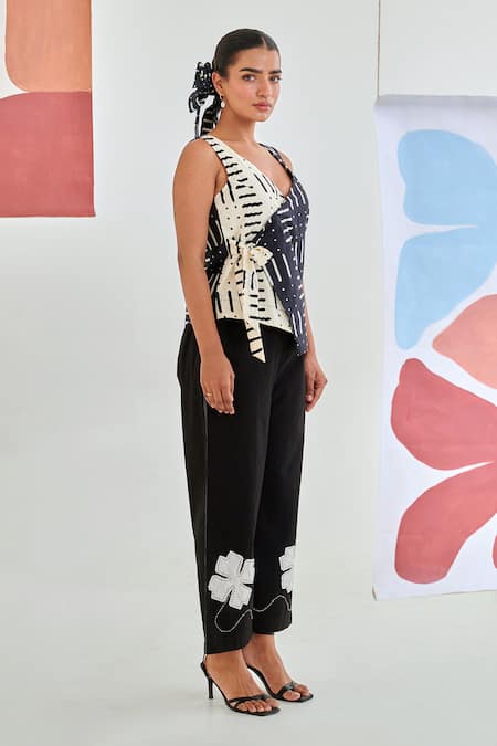 Moontara_Black Cotton Embroidery V-neck Printed Wrap Top And Floral Pants _at_Aza_Fashions