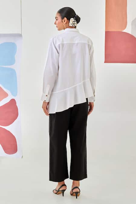 Moontara Asymmetric White Shirt & Black Pants Set 