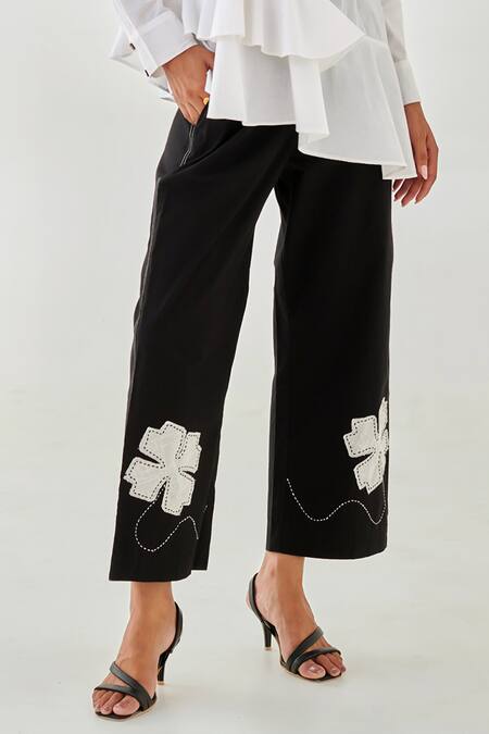 Buy_Moontara_White Cotton Embroidery Collared Asymmetric Shirt And Black Pants Set 