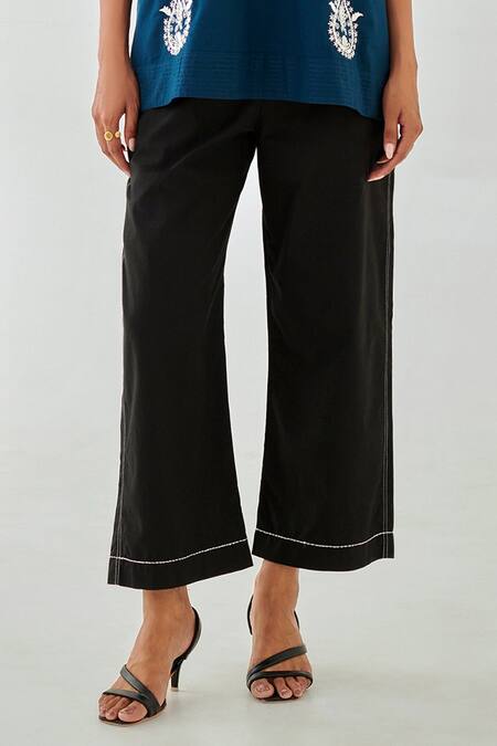 Moontara_Teal Cotton Embroidery V-neck Top And Black Pants Set _Online_at_Aza_Fashions