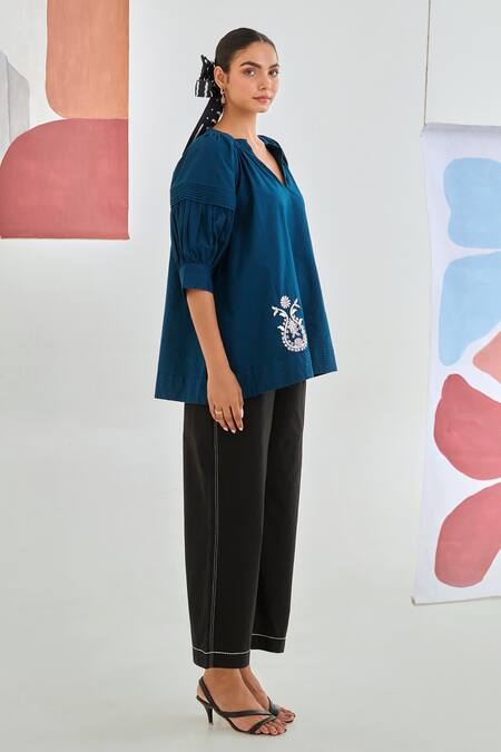 Shop_Moontara_Teal Cotton Embroidery V-neck Top And Black Pants Set _Online_at_Aza_Fashions