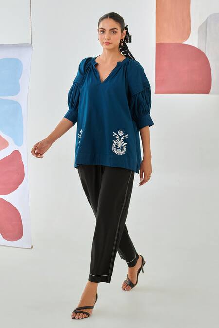 Moontara_Teal Cotton Embroidery V-neck Top And Black Pants Set _at_Aza_Fashions