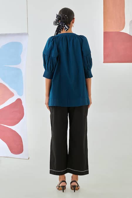 Moontara Teal Embroidered Top & Black Pants Set 