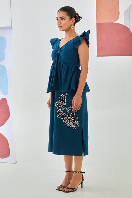Moontara_Teal Cotton Embroidery V-neck Tie-up Top And A-line Skirt Set _Online_at_Aza_Fashions
