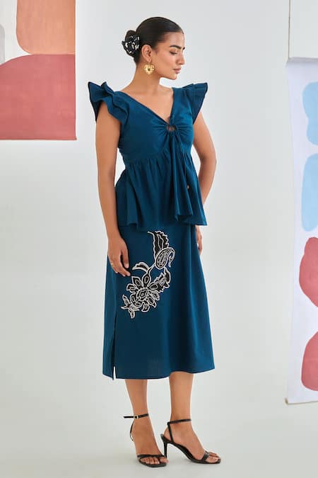 Buy_Moontara_Teal Cotton Embroidery V-neck Tie-up Top And A-line Skirt Set _Online_at_Aza_Fashions