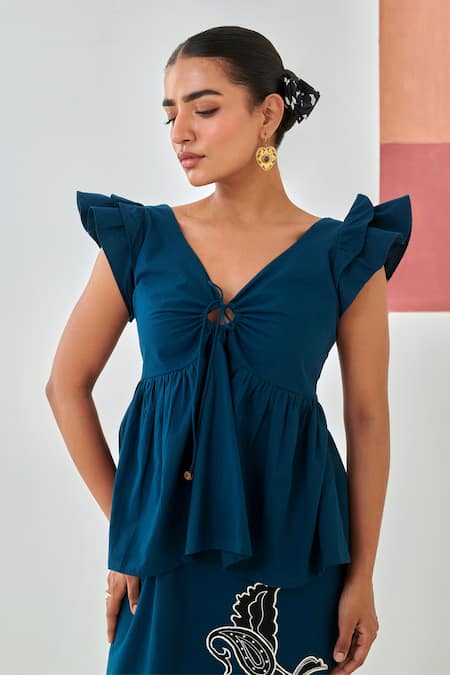 Shop_Moontara_Teal Cotton Embroidery V-neck Tie-up Top And A-line Skirt Set _Online_at_Aza_Fashions