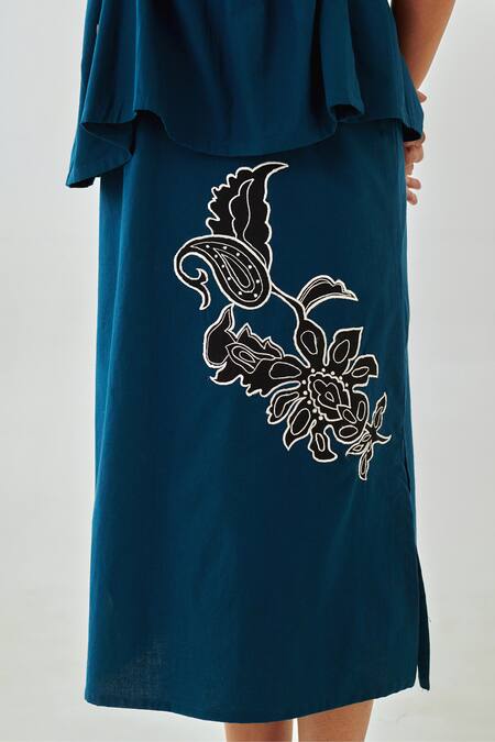 Moontara_Teal Cotton Embroidery V-neck Tie-up Top And A-line Skirt Set _at_Aza_Fashions