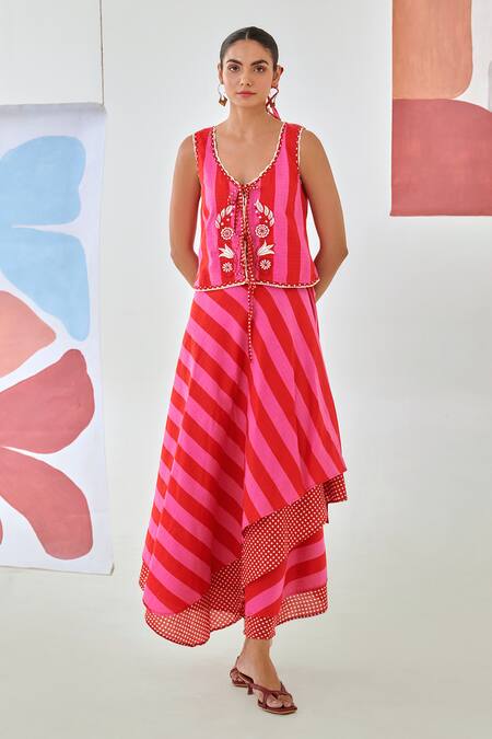 Moontara_Red Cotton Embroidery Round Neck Layered Skirt And Top Set _Online_at_Aza_Fashions