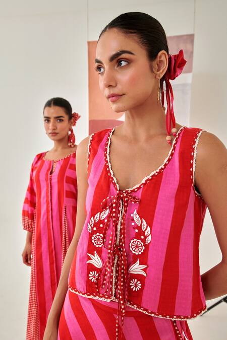 Moontara_Red Cotton Embroidery Round Neck Layered Skirt And Top Set _at_Aza_Fashions