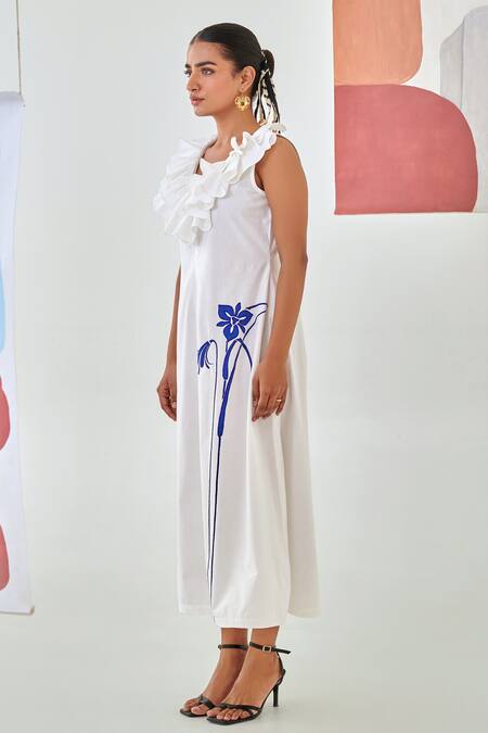 Moontara_White Cotton Embroidery A-line Dress With Ruffled Neckline _Online_at_Aza_Fashions