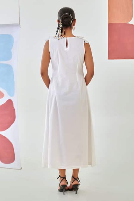 Moontara White A-line Dress with Ruffled Neckline 