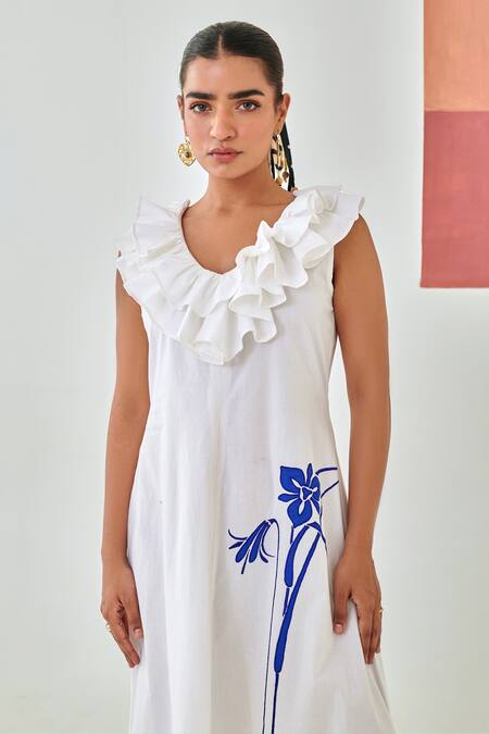 Buy_Moontara_White Cotton Embroidery A-line Dress With Ruffled Neckline _Online_at_Aza_Fashions