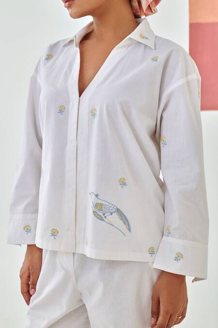 Moontara_White Cotton Embroidery Collared Floral Co-ord Set _Online_at_Aza_Fashions