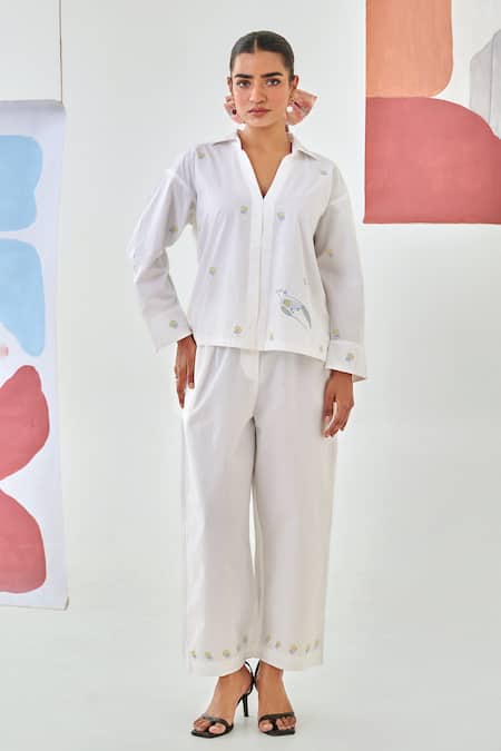 Moontara White Cotton Embroidery Collared Floral Co-ord Set