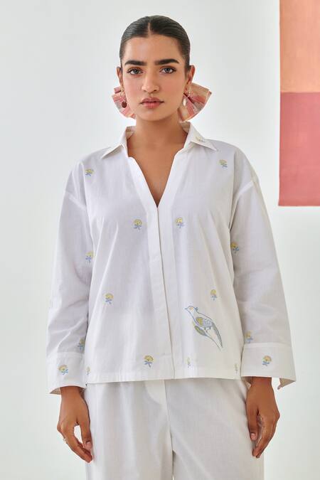 Shop_Moontara_White Cotton Embroidery Collared Floral Co-ord Set _Online_at_Aza_Fashions
