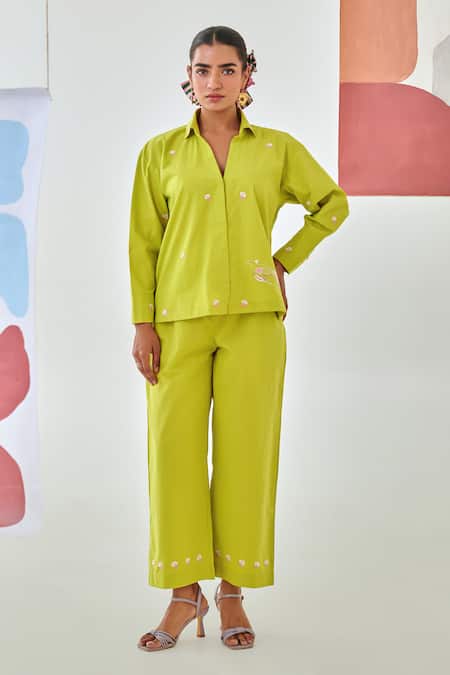 Moontara Green Cotton Embroidery Collared Lemon Co-ord Set With Floral