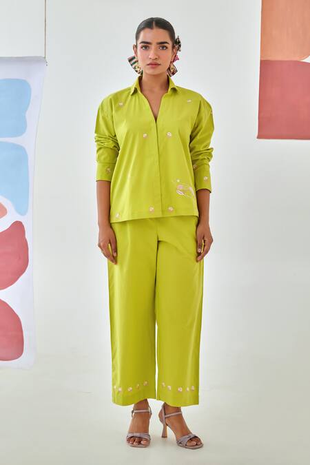 Moontara Green Cotton Embroidery Collared Lemon Co-ord Set With Floral at Aza Fashions Moontara_Green Cotton Embroidery Collared Lemon Co-ord Set With Floral _at_Aza_Fashions