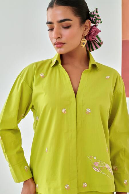 Shop Moontara Green Cotton Embroidery Collared Lemon Co-ord Set With Floral Shop_Moontara_Green Cotton Embroidery Collared Lemon Co-ord Set With Floral