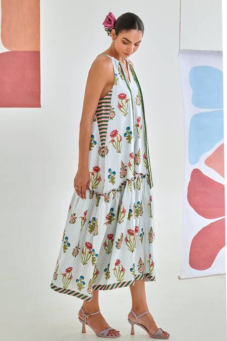Moontara_Multi Color Cotton Halter Neck Floral Printed Tie Up Maxi Dress _Online_at_Aza_Fashions