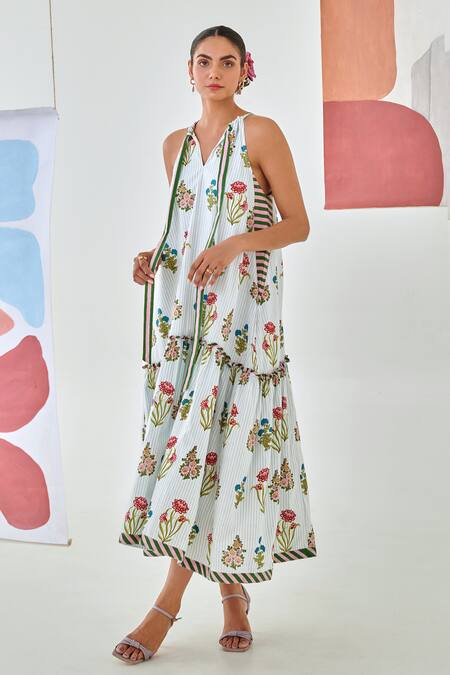 Buy_Moontara_Multi Color Cotton Halter Neck Floral Printed Tie Up Maxi Dress _Online_at_Aza_Fashions
