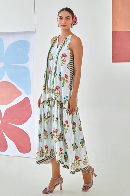 Shop_Moontara_Multi Color Cotton Halter Neck Floral Printed Tie Up Maxi Dress _Online_at_Aza_Fashions