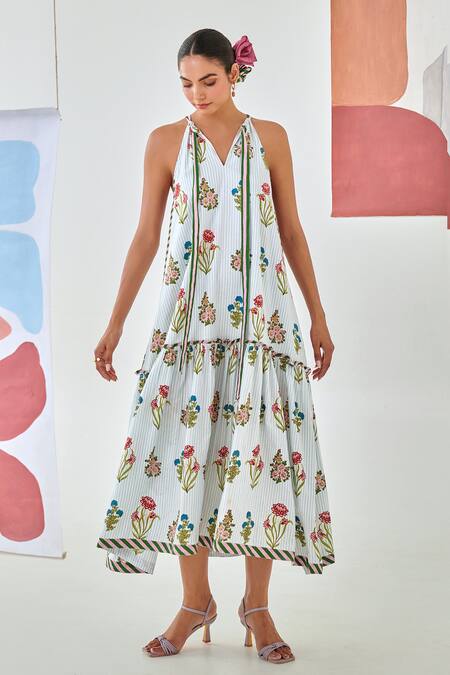 Buy_Moontara_Multi Color Cotton Halter Neck Floral Printed Tie Up Maxi Dress 