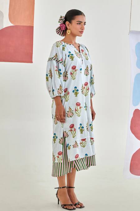 Buy_Moontara_Multi Color Cotton V-neck Aqua Floral Printed Double Layered Dress _Online_at_Aza_Fashions