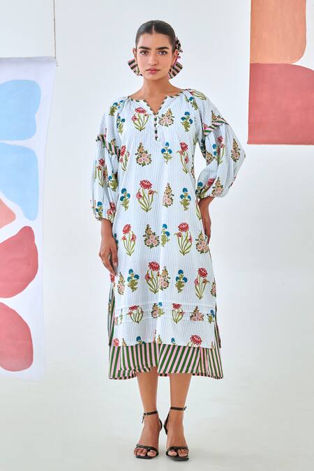 Shop_Moontara_Multi Color Cotton V-neck Aqua Floral Printed Double Layered Dress _Online_at_Aza_Fashions