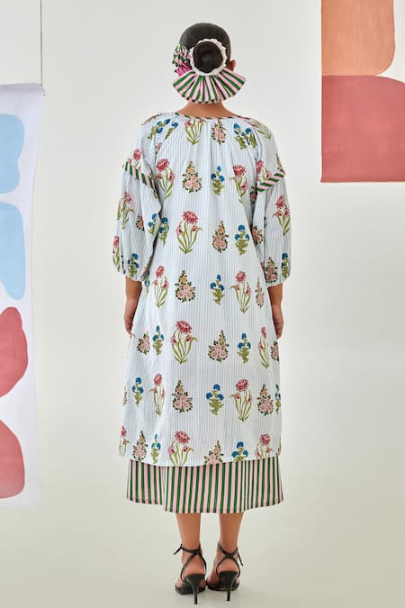 Moontara Aqua Floral Printed Double Layered Dress 