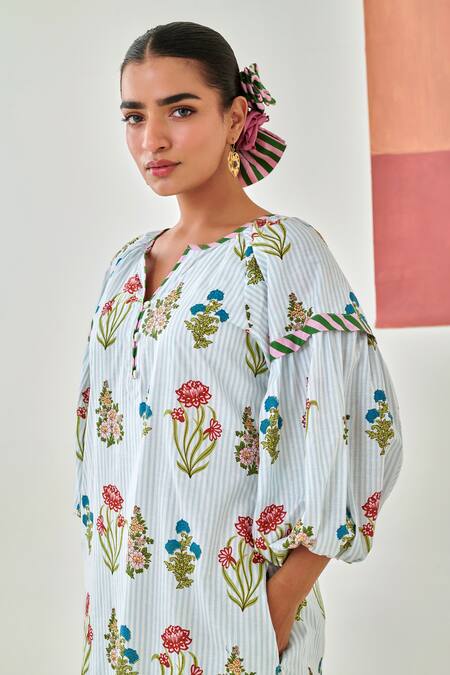 Moontara_Multi Color Cotton V-neck Aqua Floral Printed Double Layered Dress _at_Aza_Fashions