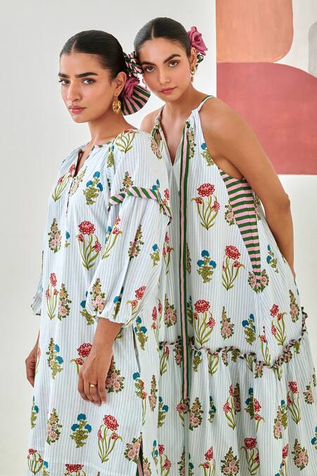 Shop_Moontara_Multi Color Cotton V-neck Aqua Floral Printed Double Layered Dress 