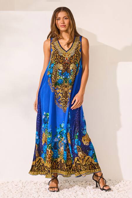 Zariaah_Blue Viscose, Silk Crystals V-neck Leopardess Sleeveless Dress _Online_at_Aza_Fashions