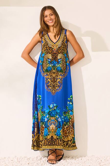 Shop_Zariaah_Blue Viscose, Silk Crystals V-neck Leopardess Sleeveless Dress _Online_at_Aza_Fashions