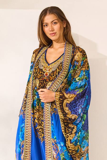 Zariaah_Blue Viscose, Silk Crystals V-neck Leopardess Cape And Dress Set _Online_at_Aza_Fashions