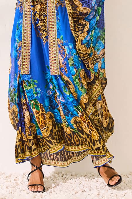 Buy_Zariaah_Blue Viscose, Silk Crystals V-neck Leopardess Cape And Dress Set _Online_at_Aza_Fashions