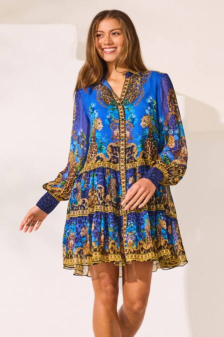 Zariaah Blue Viscose, Silk Crystals Collared Leopardess Shirt Dress Online at Aza Fashions Zariaah_Blue Viscose, Silk Crystals Collared Leopardess Shirt Dress _Online_at_Aza_Fashions