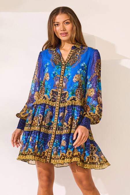 Buy Zariaah Blue Viscose, Silk Crystals Collared Leopardess Shirt Dress Online at Aza Fashions Buy_Zariaah_Blue Viscose, Silk Crystals Collared Leopardess Shirt Dress _Online_at_Aza_Fashions