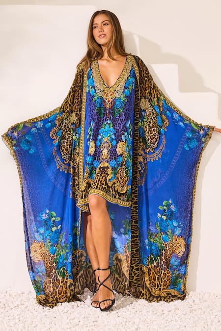 Buy_Zariaah_Blue Viscose, Silk Crystals V-neck Leopardess Kaftan Dress _Online_at_Aza_Fashions