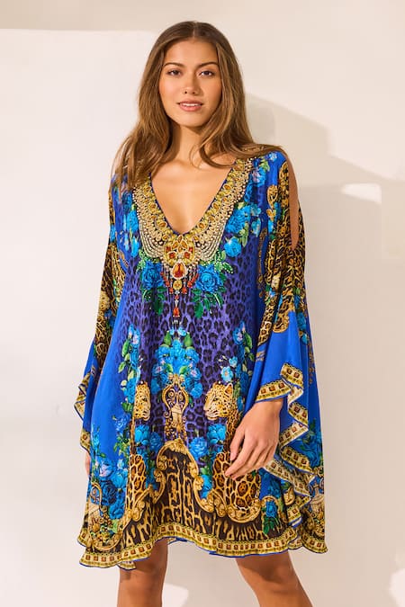 Shop_Zariaah_Blue Viscose, Silk Crystals V-neck Leopardess Kaftan Dress _Online_at_Aza_Fashions