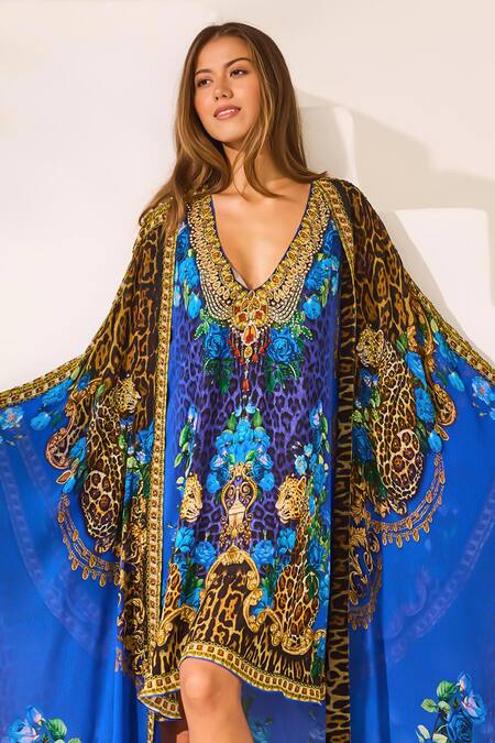 Zariaah_Blue Viscose Crystals V-neck Leopardess Kaftan And Cape Set _Online_at_Aza_Fashions